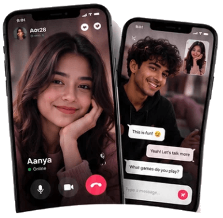 FeelyTalk app showing a video call with Aanya and a chat with a host