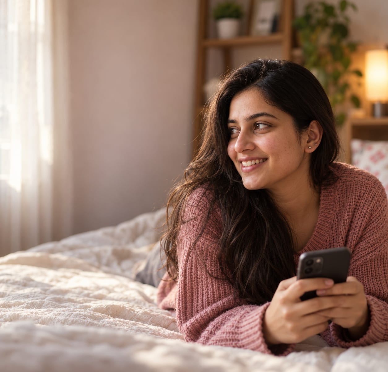 A young woman smiling at her phone while chatting on FeelyTalk