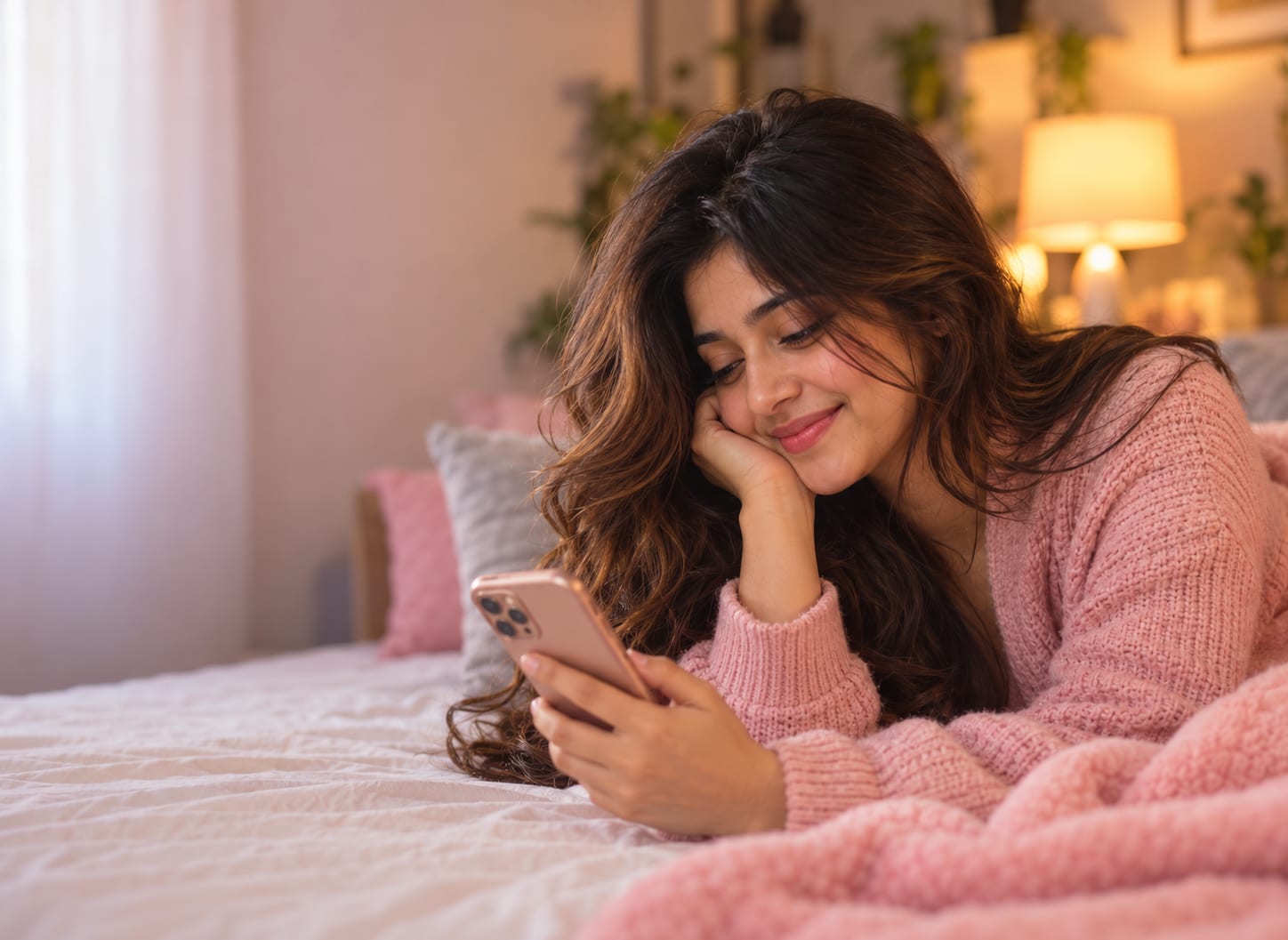 A woman smiling at her phone while lying on a sofa