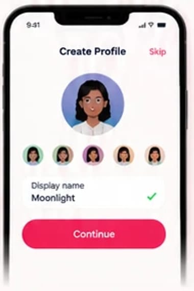 Create Profile screen with a display name field and avatar choices